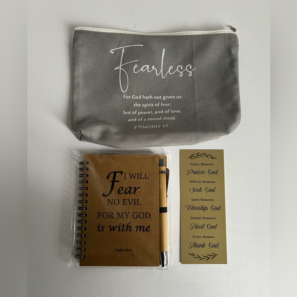 Gray 'Fearless' Pouch and Brown Notebook Set